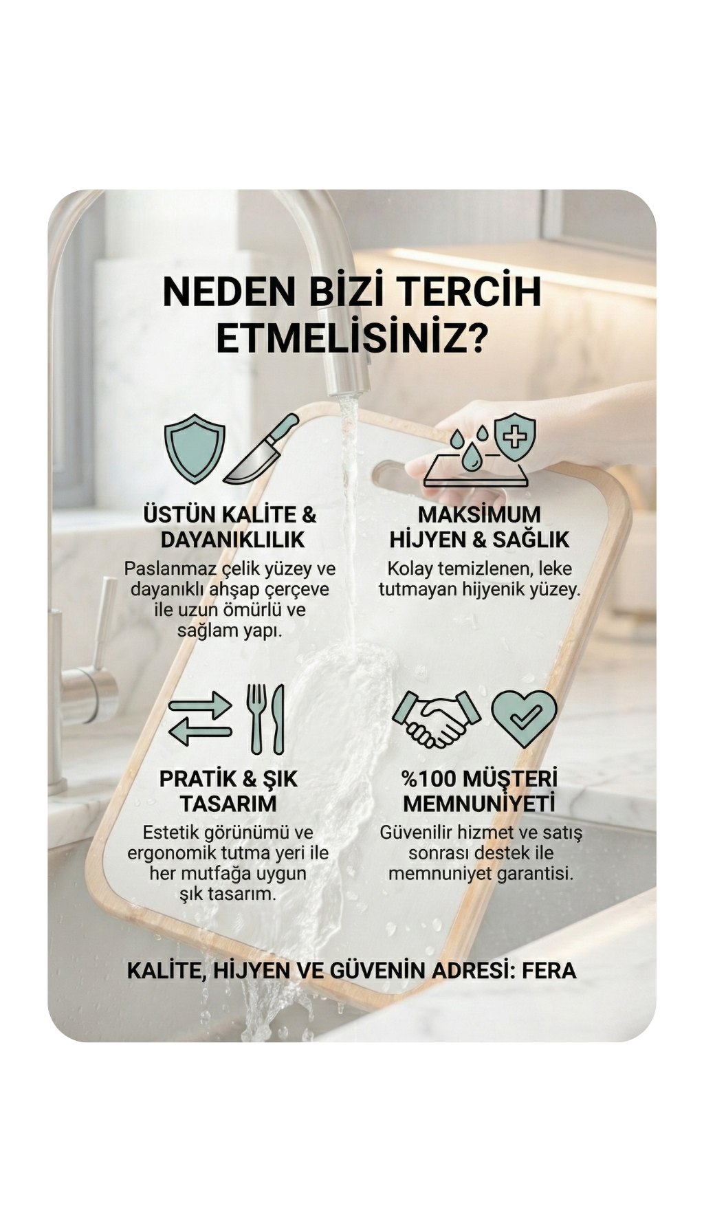 Fera Çelik Bufalo Serisi Çift Yönlü Paslanmaz Çelik Kesme Tahtası